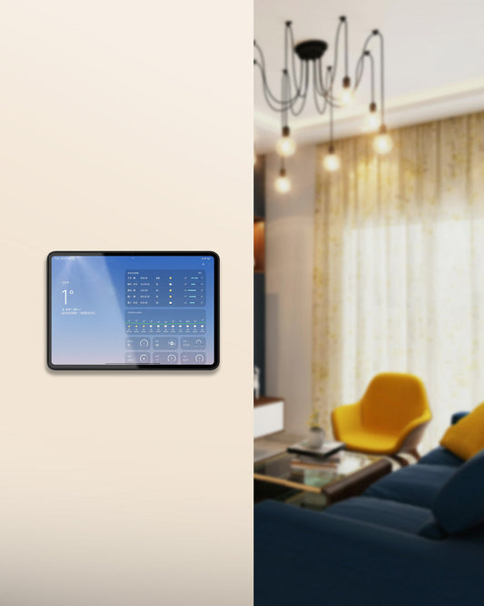 Tablet mounted on Airbnb wall showing welcome screen for guests