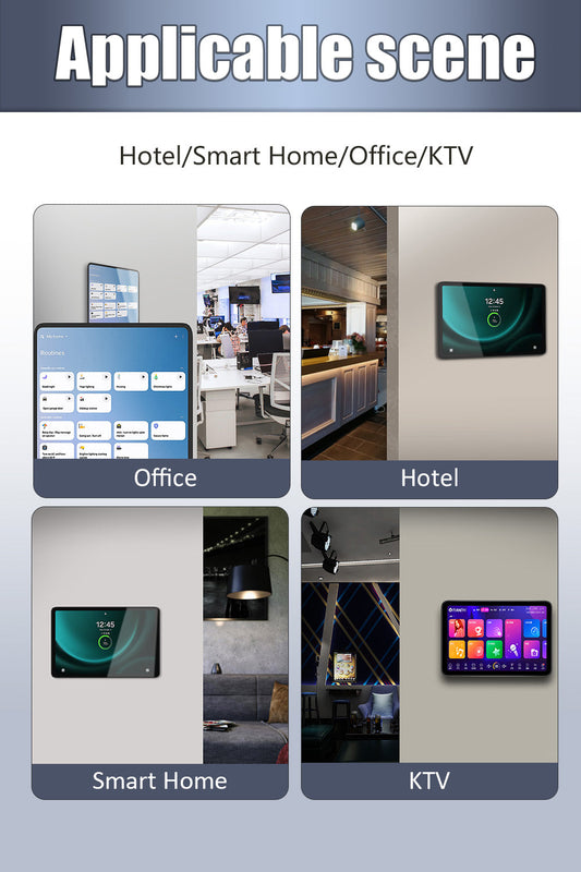 Wall-mounted Samsung Galaxy Tab A9 Plus used at a hotel reception desk