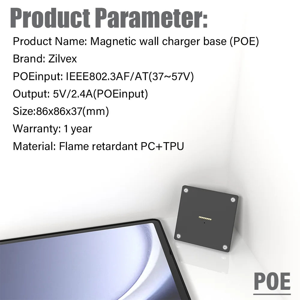 POE Wall Mount Charger for Samsung Galaxy Tab A9 | A9+ S9 Magnetic Stand, 18W Fast Wireless Charging Dock, Smart Home/Office