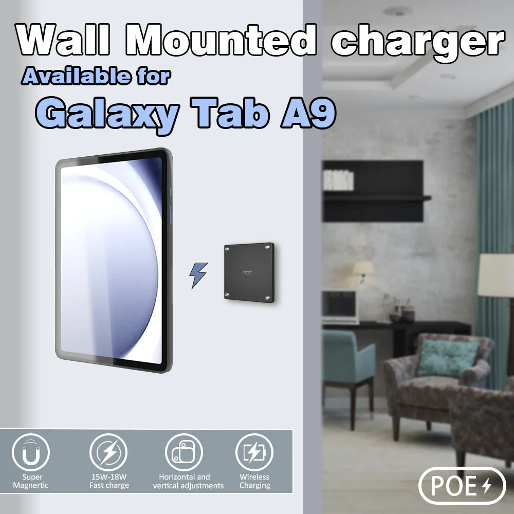 POE Wall Mount Charger for Samsung Galaxy Tab A9 | A9+ S9 Magnetic Stand, 18W Fast Wireless Charging Dock, Smart Home/Office