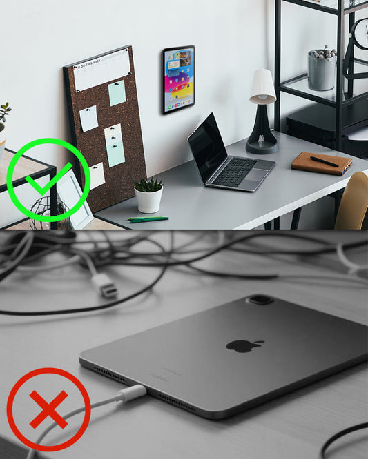 Split image: Wall-mounted tablet with messy wired charging cable vs. clean magnetic charging with tablet in slim TPU case