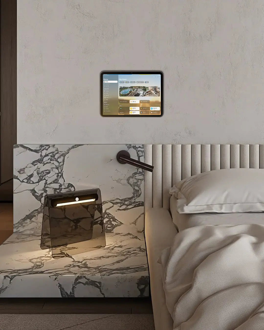 Bedroom with wall-mounted tablet used to control lights and blinds