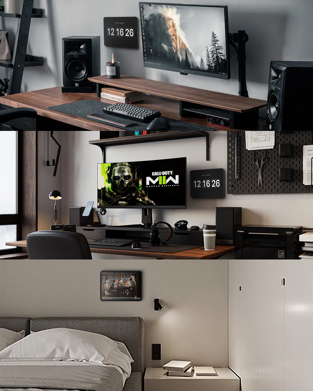 Lifestyle collage of Zilvex wall mount use cases in home and office