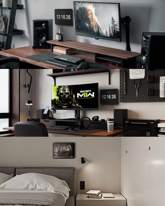 Lifestyle collage of Zilvex wall mount use cases in home and office