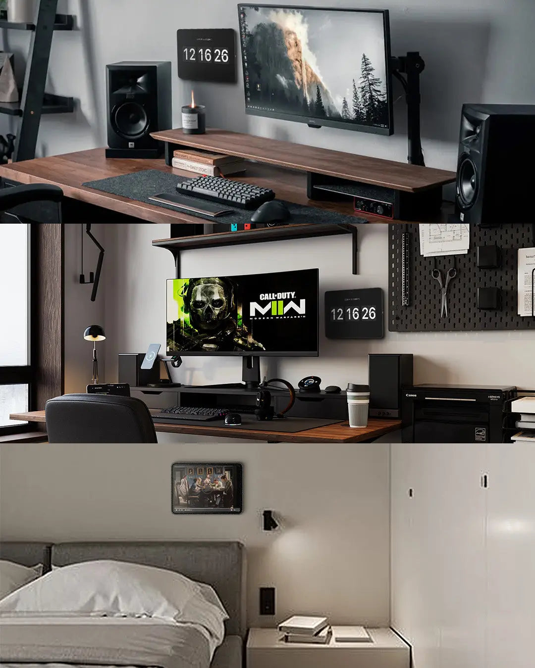 Lifestyle collage of Zilvex wall mount use cases in home and office