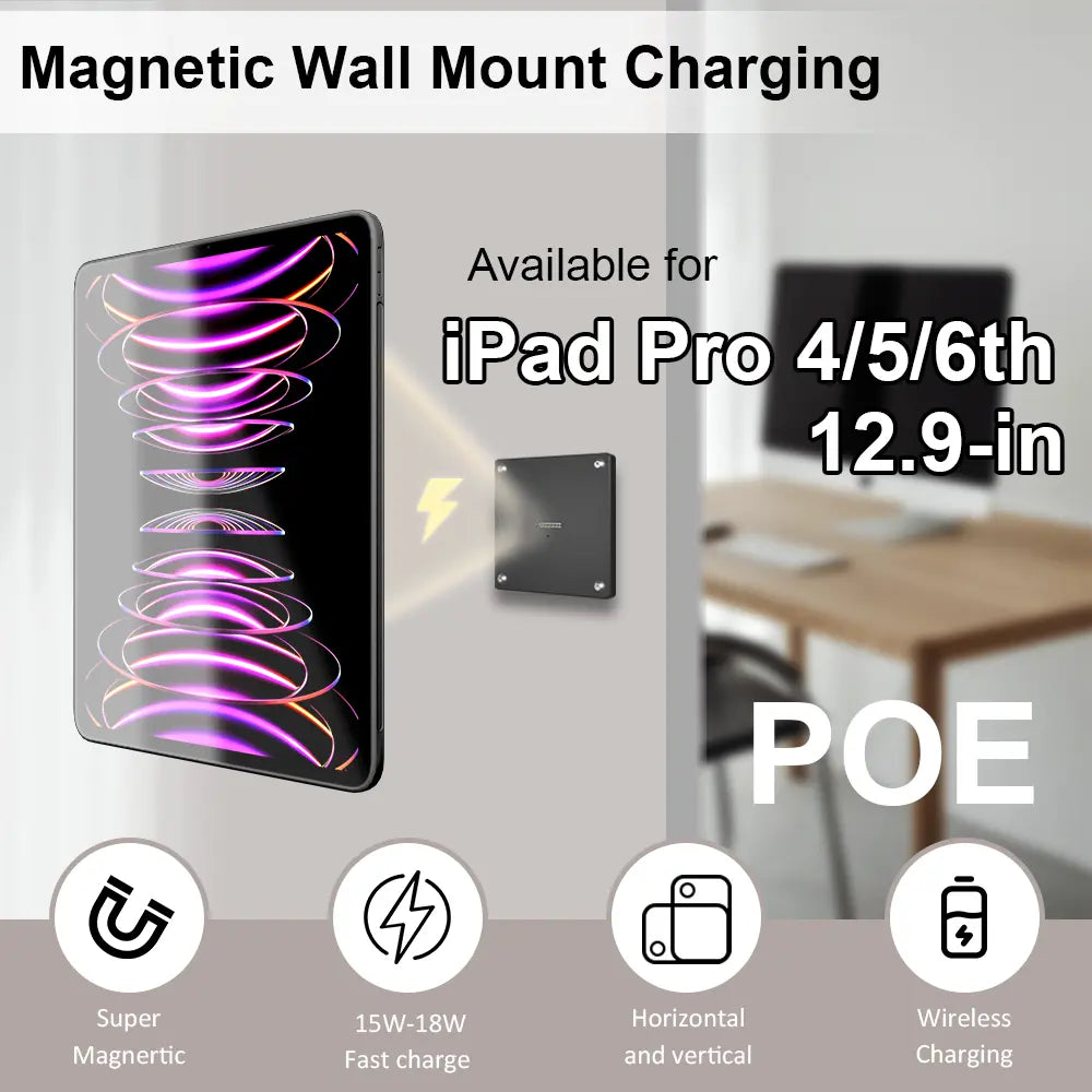 POE Zilvex Magnetic Wall Mount with Charging Case for iPad Pro 4/5/6th Upgraded 18W Quick Charge Strong Magnets 360 Rotation 12.9inch - Zilvex
