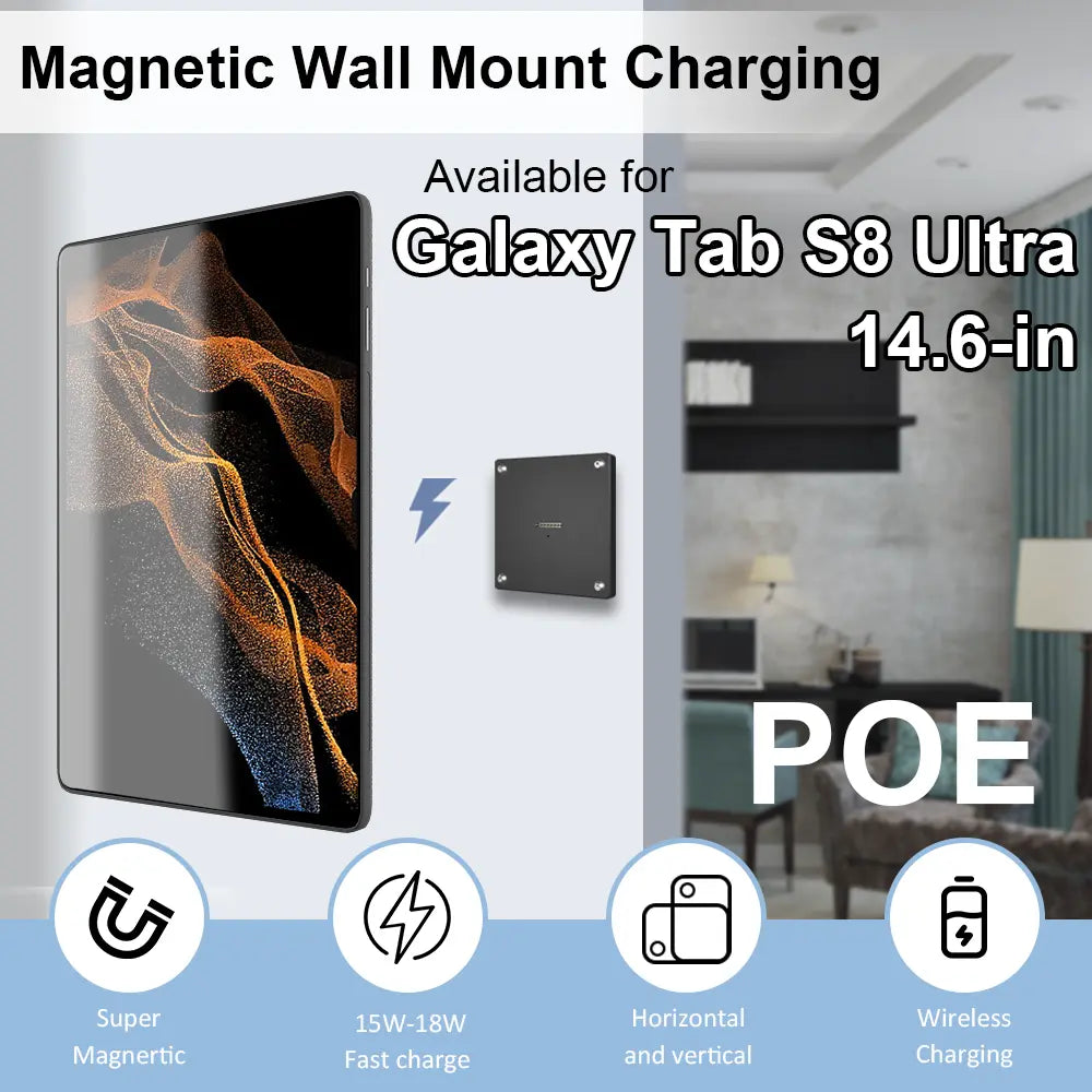 POE Wall Mount Charger for Samsung Galaxy Tab S8 Plus/S8 Ultra Magnetic Stand, 18W Fast Wireless Charging Dock, Smart Home/Office - Zilvex