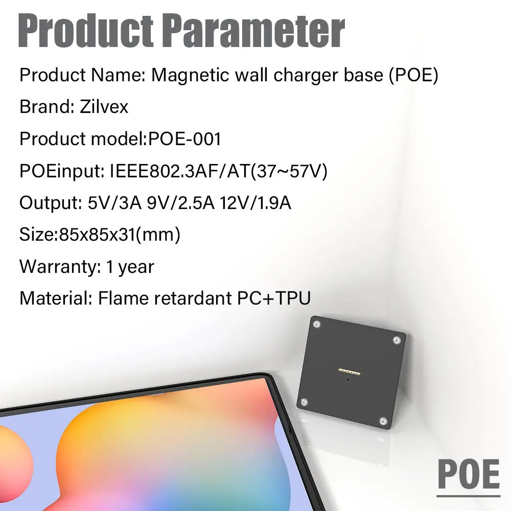 POE Wall Mount Charger for Samsung Galaxy S6 Lite  Magnetic Stand, 18W Fast Wireless Charging Dock, Smart Home/Office - Zilvex