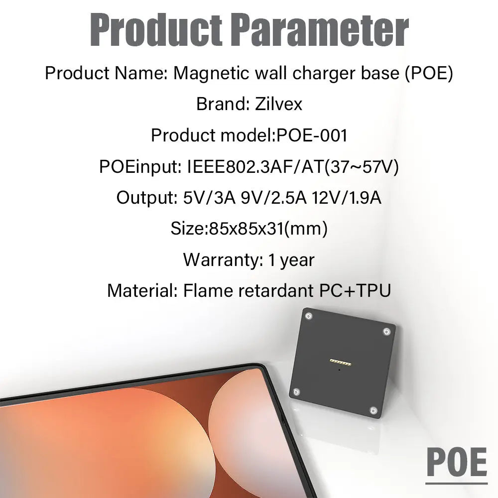 POE Tablet holder for Samsung Galaxy Tab S10 Ultra 14.6 wall charging station Magnetic wireless charging Smart Switch - Zilvex