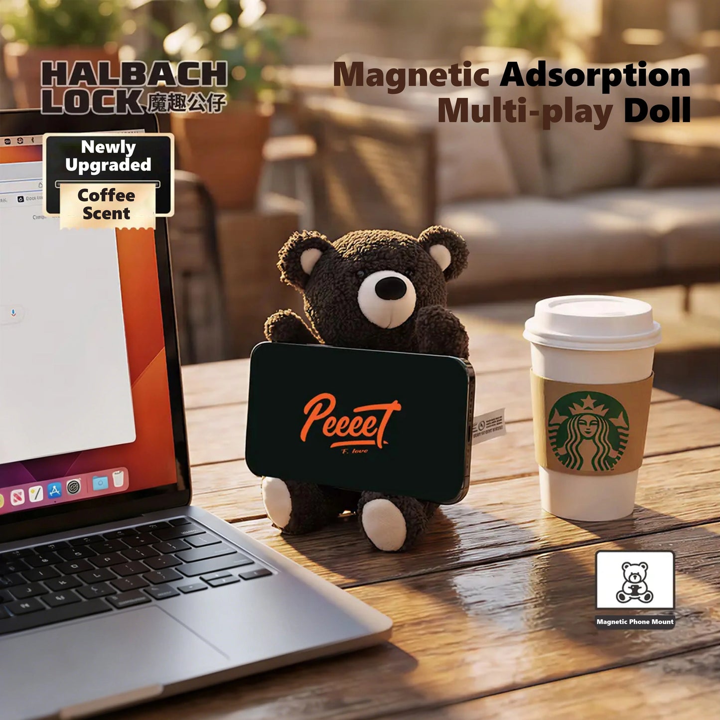 OLOVE Coffee Bean Aroma Magnetic Phone Holder, HALBACHLOCK Hanging Plush Doll, Compatible with iPhone & Android (With Included Magnetic Ring), Cute Healing Gift