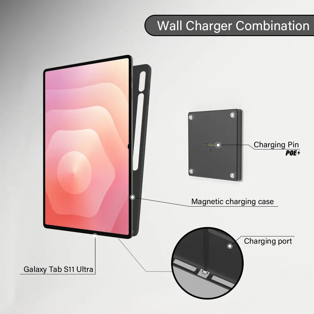 POE Tablet holder for Samsung Galaxy Tab S11 Ultra 14.6 wall charging station Magnetic wireless charging Smart Switch - Zilvex