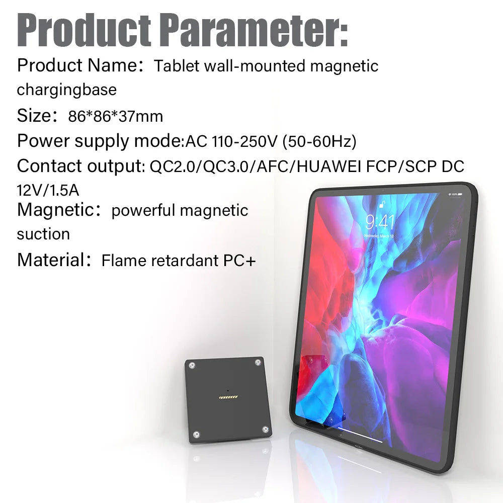 Magneta Mura Monto kun Ŝarga Kazo 18W Rapida Ŝargado Magneta Sendrata Aluminia Rotaciebla Dezajno por iPad Pro 11 Cola stando 
