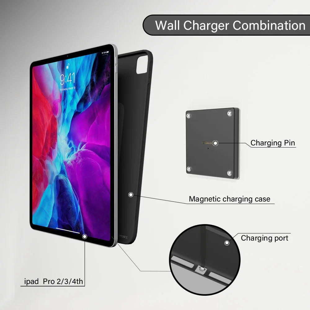 Magneta Mura Monto kun Ŝarga Kazo 18W Rapida Ŝargado Magneta Sendrata Aluminia Rotaciebla Dezajno por iPad Pro 11 Cola stando 